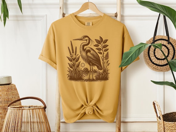 Great Blue Heron Bird Lover Shirt, Vintage Folk Art Avian Gift, Cute Bird Nerd Shirt,Hippy Granola Girl Fashion Bird lover gift