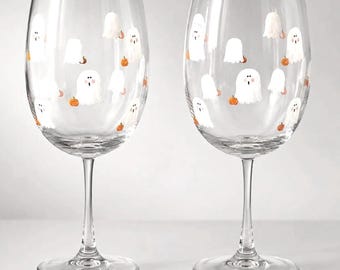 Hand-Painted Ghost and Pumpkin Wine Glasses Set of 2, Minimalist Fall Decor