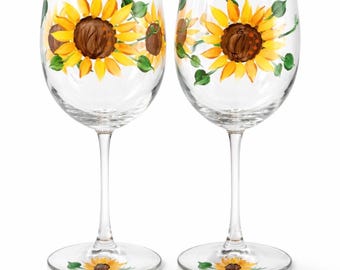 Sunflower wine glasses hand painted set of 2 - Wine tumbler gift for her - Sunflower decor - USA