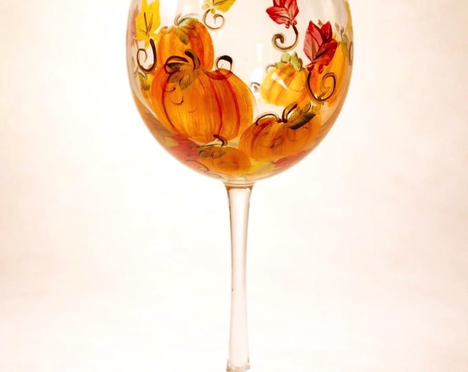 Hand Painted Pumpkin Wine Glass: Fall Leaves Thanksgiving Decor