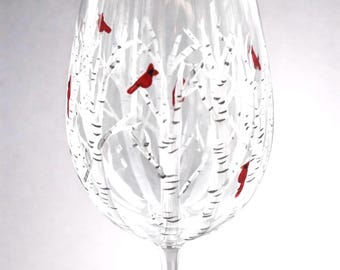 Hand painted cardinal wine glass with birch trees, personalized wedding gift, memorial keepsake