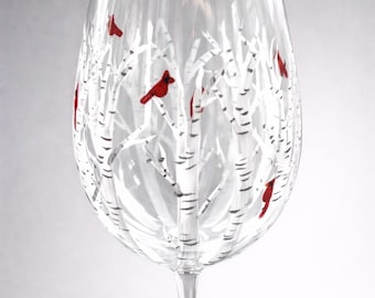 Hand painted cardinal wine glass with birch trees - Memorial gift