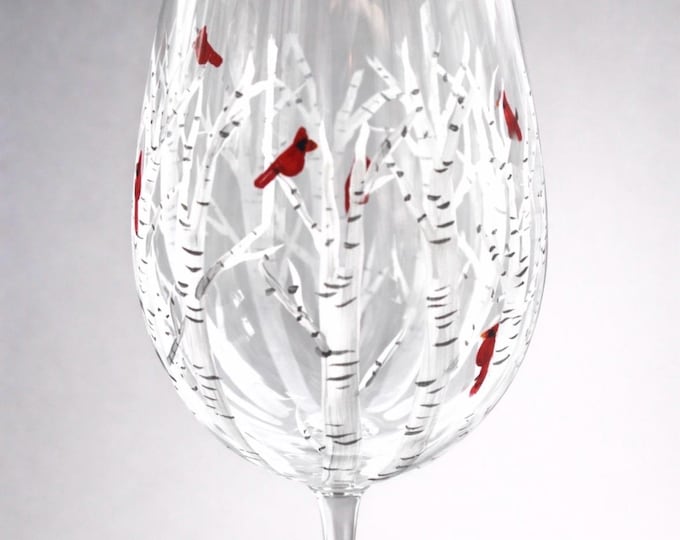 Hand painted cardinal wine glass with birch trees - Memorial gift