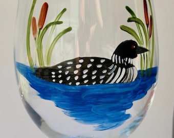 Loon wine glass hand painted. Large capacity.  Made in USA.  Unique gift for nature lover. Can be personalized.