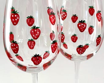 Hand-Painted Strawberry Wine Glasses Set of 2, Minimalist Summer Decor