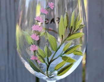 Sage herb hand painted wine glass/ made in USA/ garden wine glass/ 19 oz. Lead free glass.