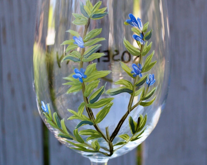 Rosemary herb hand painted wine glass.  Large capacity.  Garden glass.  Made in USA.