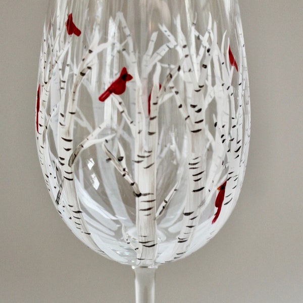 Hand painted wine glass with cardinals in birch trees.  Large capacity.  Made in USA.  Memorial glass. Gift for her.