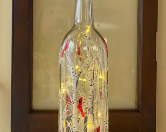 Hand Painted Cardinal and Birch Bottle Light, rustic LED bottle lamp, decorative housewarming home decor gift