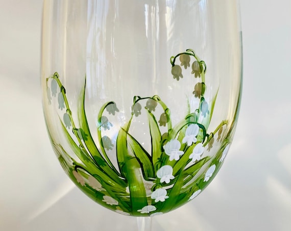 Lily of the Valley hand painted wine glass/Made in USA/ Floral wine glass. Lead free.