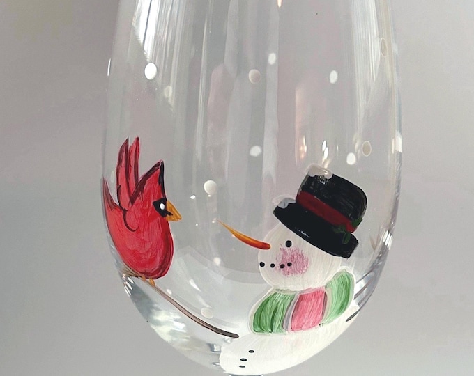 Snowman and Cardinal Wine Glass: Winter holiday decor, hand painted Memorial Gift