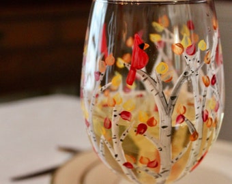 Hand painted Fall wine glass with red cardinals in white birch trees.  Large capacity. Memorial glass. Gift for her.