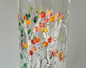 Hand painted glass vase - four seasons Birch trees / floral decor/ gift for her