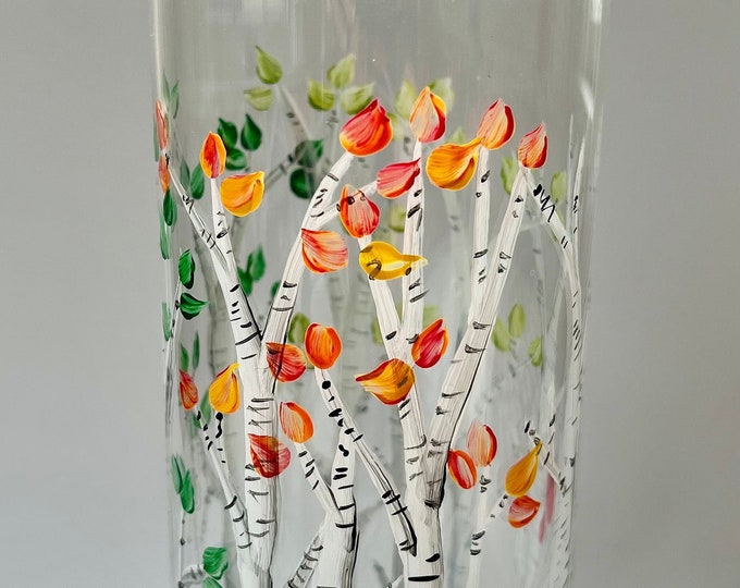 Hand painted glass vase - four seasons Birch trees / floral decor/ gift for her
