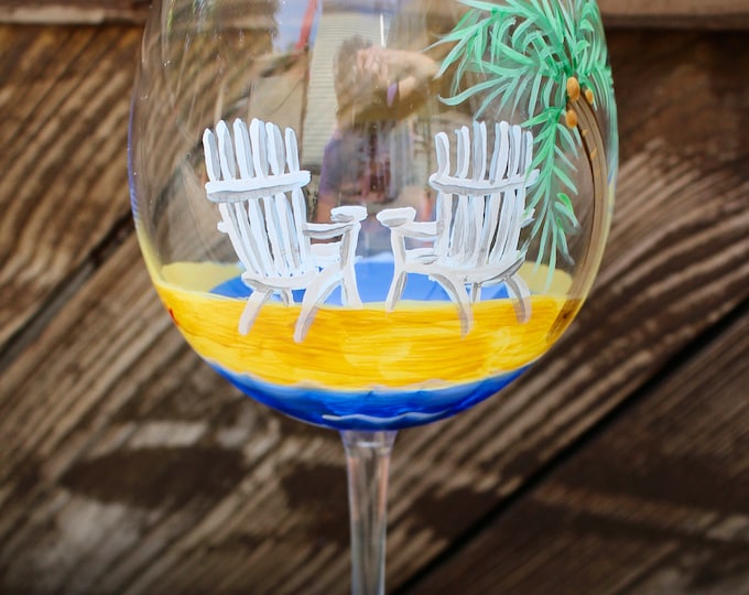 Hand Painted Wine Glass: Adirondack Chairs & Palm Tree, Island Art
