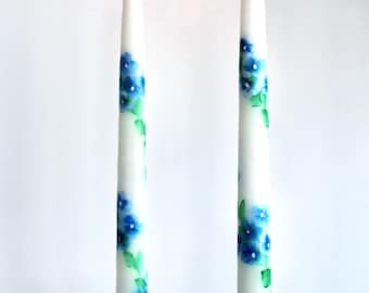 Hand Painted Hydrangea Taper Candles, Set of 2, Unscented Slow Burning, 12" Long
