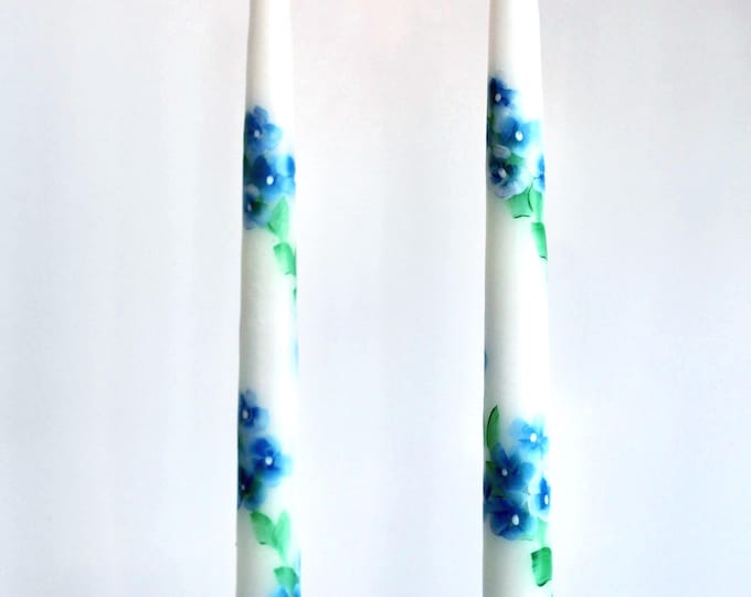 Hand Painted Hydrangea Taper Candles, Set of 2, Unscented Slow Burning, 12" Long