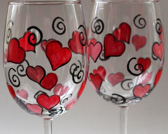 Hand Painted Hearts Wine Glasses, Wedding gift, Set of 2