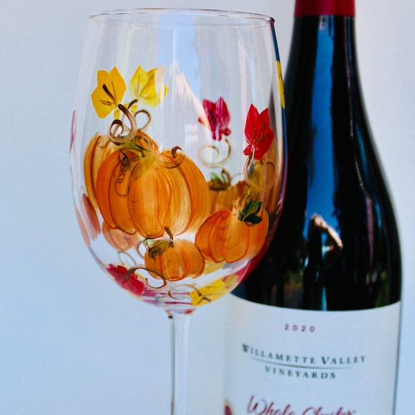 Pumpkin Wine Glass with Fall Leaves. Thanksgiving wine glass.  Hand painted. Hostess gift. Wine lover gift. USA made.