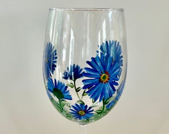 September Hand Painted Wine Glass with Asters- Birthday Gift Idea - September birth month flower- Floral Barware - US Made.