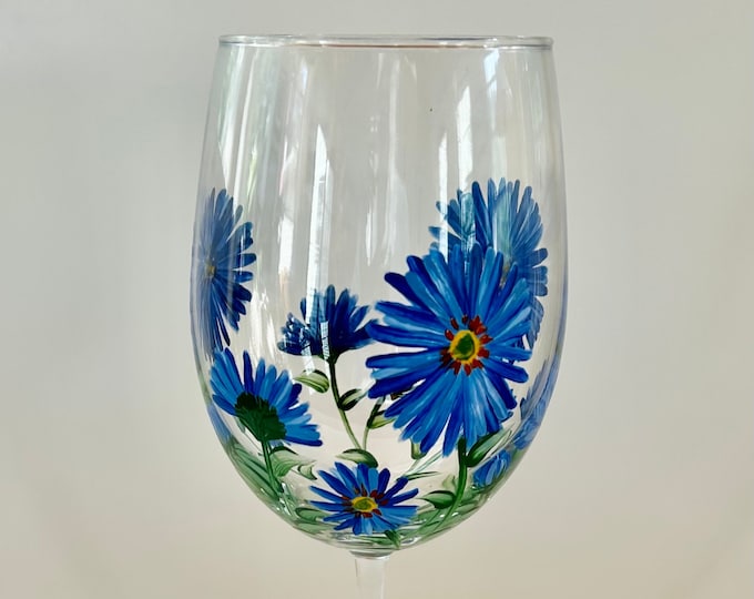 September Hand Painted Wine Glass with Asters- Birthday Gift Idea - September birth month flower- Floral Barware - US Made.