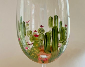 Hand Painted Cactus Wine Glass: Unique Desert Barware Gift