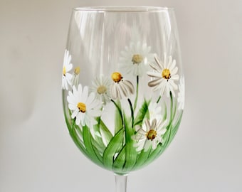 April Birthday Gift- Wine glass with painted daisies - Birth Month Flower for April - Stem or Stemless  - USA made