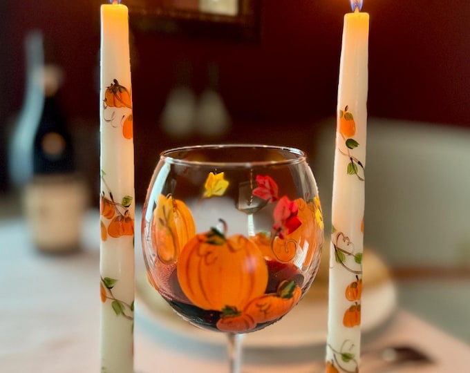 Hand Painted Pumpkin Taper Candles, Set of Two Unscented, Autumn Fall Decor
