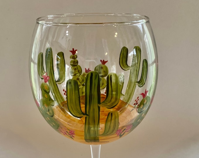 Hand painted cactus wine glass, Arizona desert decor, retirement gift, Large capacity. Christmas cactus, Western decor.