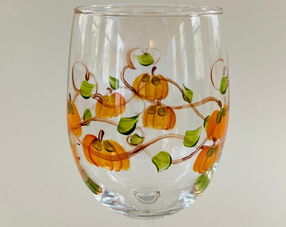 Pumpkin Wine Glass hand painted.  Made in USA.  19 oz and 9" tall. Thanksgiving wine glass.
