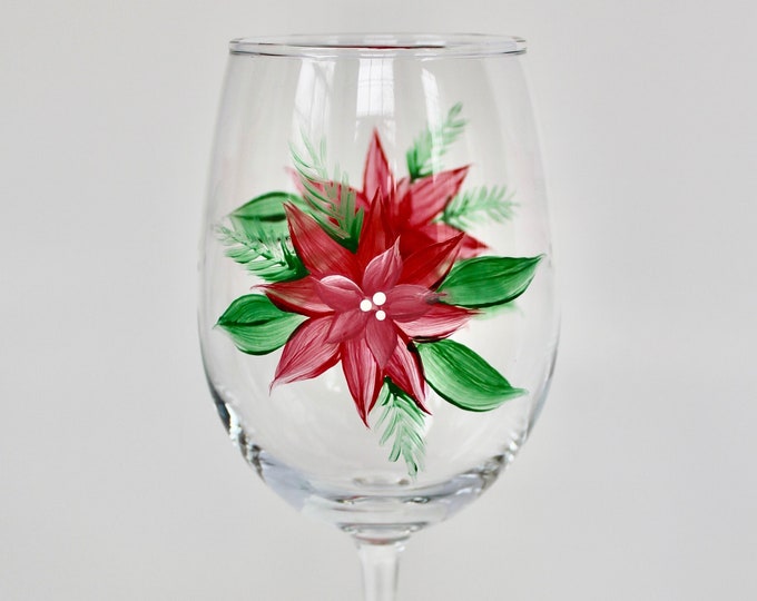 December Poinsettia birth month flower glass- hand painted- Wine lover gift- Winter Christmas decor- December birthday