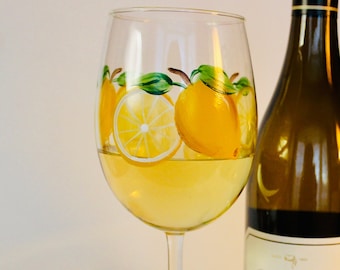 Lemon wine glass hand painted. Limoncello glass.  Citrus decor. Gift for her. Can be personalized.
