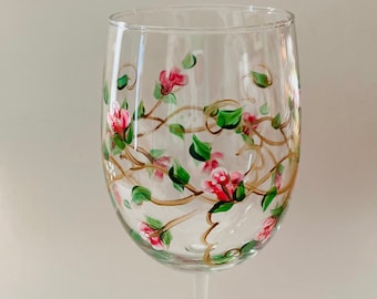 Hand painted pink Rosebud wine glass |  birthday, engagement, anniversary gift for her