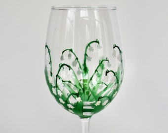 Lily of the Valley Birth Flower Wine Glass for Mother's Day, May birthday, hand painted.  Made in USA.