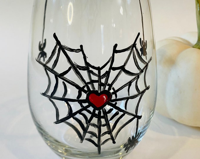 Halloween stemless wine glass hand painted spiderweb. Fall barware, October birthday gift. Large capacity. Gift for her.