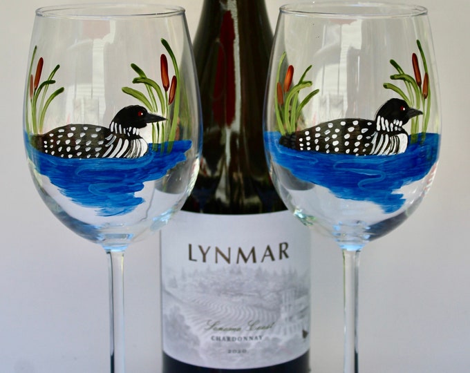 Hand painted Loon wine glass set of two, large capacity, unique nature gift, personalized