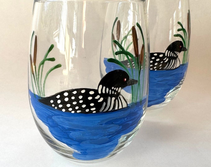 Hand painted Loon wine glass set of 2 stemless, unique nature gift, retirement gift. Fall decor.