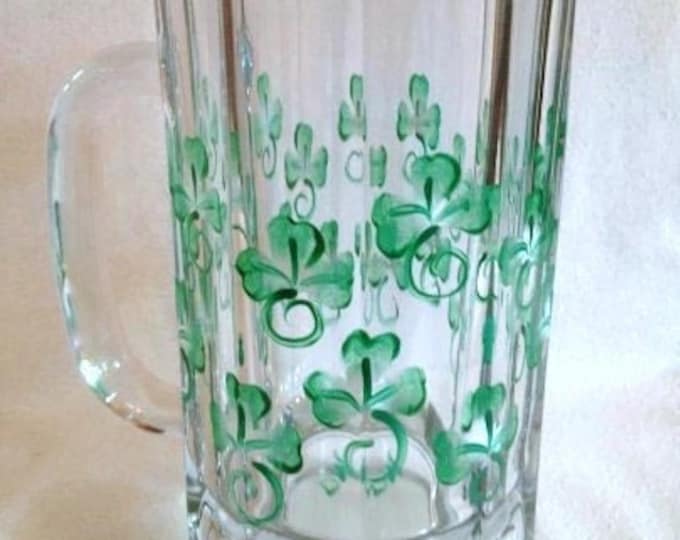 Beer stein, beer mug, Irish glass, painted shamrocks, St. Patrick’s Day, Irish wedding, barware, March birthday gift.