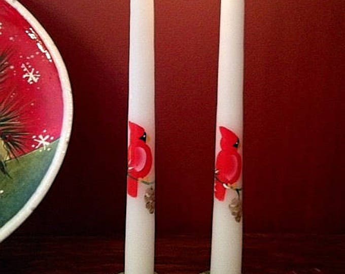 Hand Painted Cardinal Tapers, set of two white cotton wick 12 inch tall candles