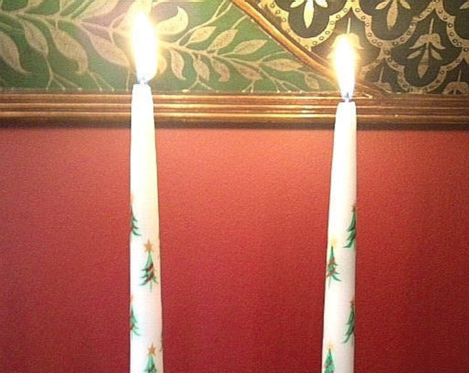 Christmas candles hand painted tapers, Christmas trees, cotton wicks, set of 2 tapers. Holiday decor. Slow burning.