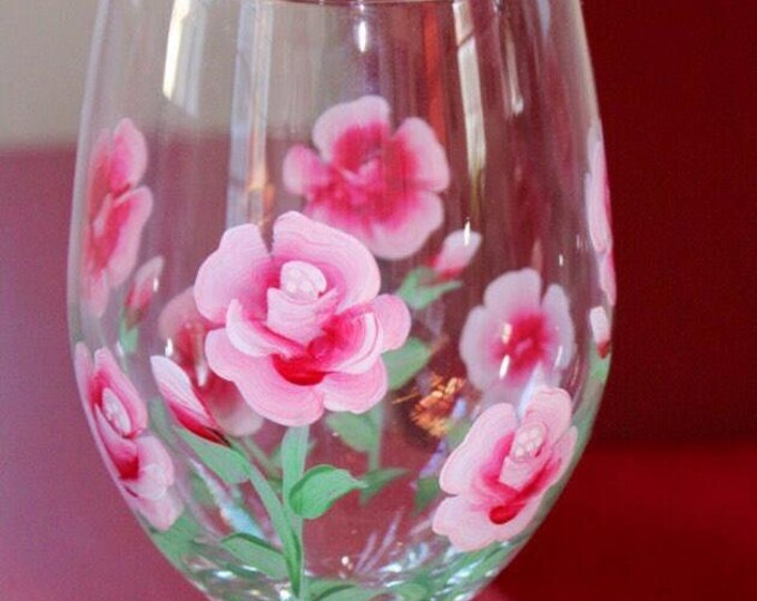 Hand Painted Rose Wine Glass: June Birthday Gift, Garden Decor - Made in USA