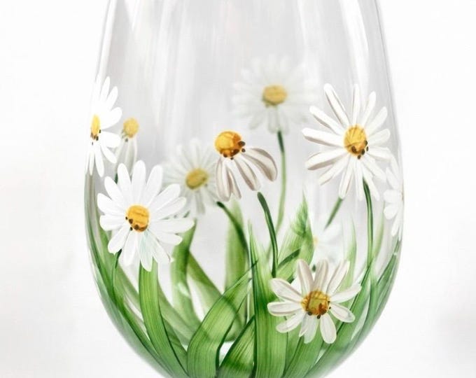 Hand Painted Daisy Wine Glass: April Birth Month Flower Birthday Gift