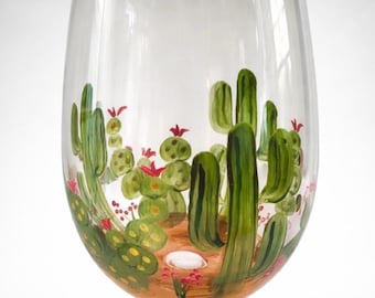 Hand Painted Cactus Wine Glass – Desert Saguaro Stemware, Southwestern Barware Gift