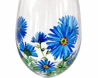 September birth month wine glass, hand painted Aster flowers, birthday gift