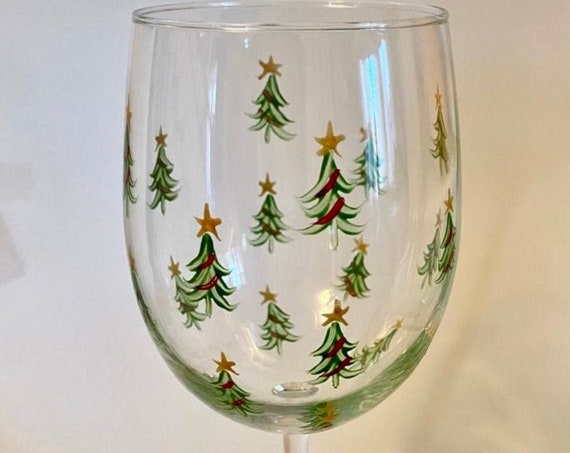 Christmas Tree Hand Painted Wine Glass. Lead free and made in the USA.