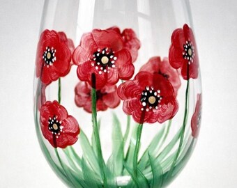August Birthday Gift for Her, Poppy Flower Wine Glass Hand Painted Design