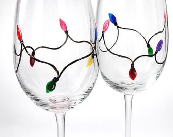 Christmas Wine Glasses Set of 2 - Hand-Painted with String Lights