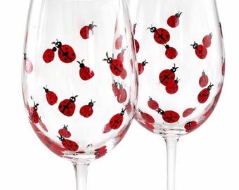 Hand Painted Garden Lady Bug Wine Glasses – Set of 2 Minimalist nature Stemware