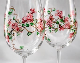 Hand Painted Rose Wine Glasses, Floral Anniversary Gift, Set of 2