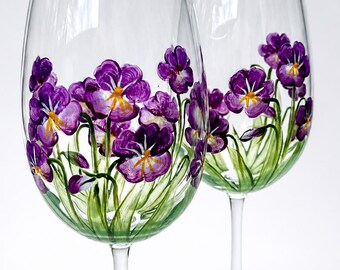 Hand Painted Violet Wine Glasses Set – February Birth Flower Botanical Art